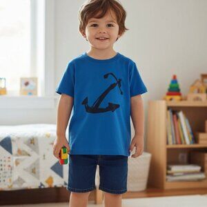 Jacadi Paris Boys Anchor Print T Shirt Blue Short Sleeves 100% Cotton